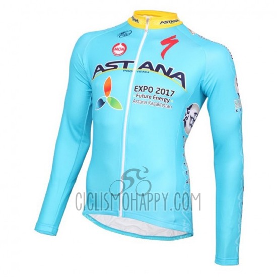 Astana Cycling Jersey Bib Tight 2016 Long Sleeve Light Blue and Yellow